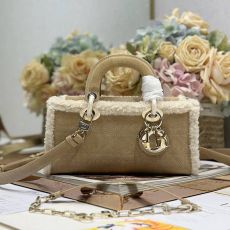 ST82989 Dior Lady D-Joy handbag, apricot cowhide shoulder bag, beige velvet trim, detachable suede shoulder strap 0540