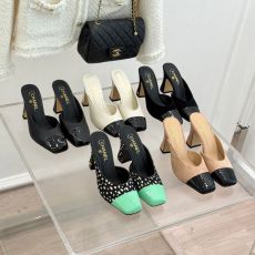 ST69165 Chanel Resort Wear Embellished Sandals square toe color blocked high heels sliper Glamorous Vacation Essential