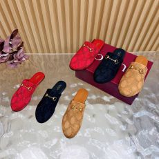 ST06314 GUCCI Fashionable velvet semi drag casual round headed flat bottomed lightweight sandals imported velvet rhinestone hot stamping