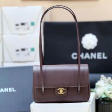 ST21849 Vintage Coffee Grained Leather Baguette Bag Ladies Gold Double C Hardware Top Shoulder Purse