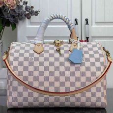 ST71749 LV Speedy white checkerboard blue woven handle pillow bag, white checkerboard crossbody bag modified light luxury women's bag