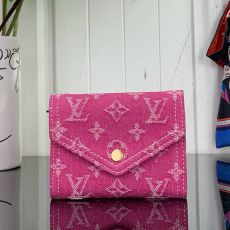 ST39097 LV Fuchsia Pink Denim Monogram Trifold Wallet Women Snap Button Card Coin Purse Mini Clutch