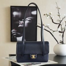 ST51185 Dark Navy Caviar Leather Double C Turnlock Shoulder Bag Women Vintage Long Strap Flap Handbag