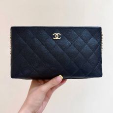 ST53985 CHANEL 25A Litchi Pattern Women's Portable Bag Large Capacity Toilet Bag Original Genuine Haas Leather Makeup Bag