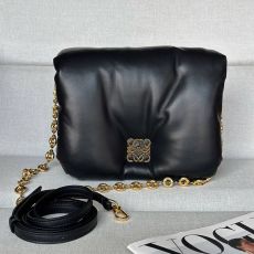 ST16023 LOEWE Puffer Goya handbag with goose feather padding shiny sheepskin detachable metal donut chain and long shoulder strap