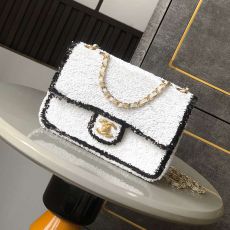 ST60087 CHANEL explosive sequin embroidered white paired with black dense sparkling sequin classic and fashionable double-C logo shoulder bag